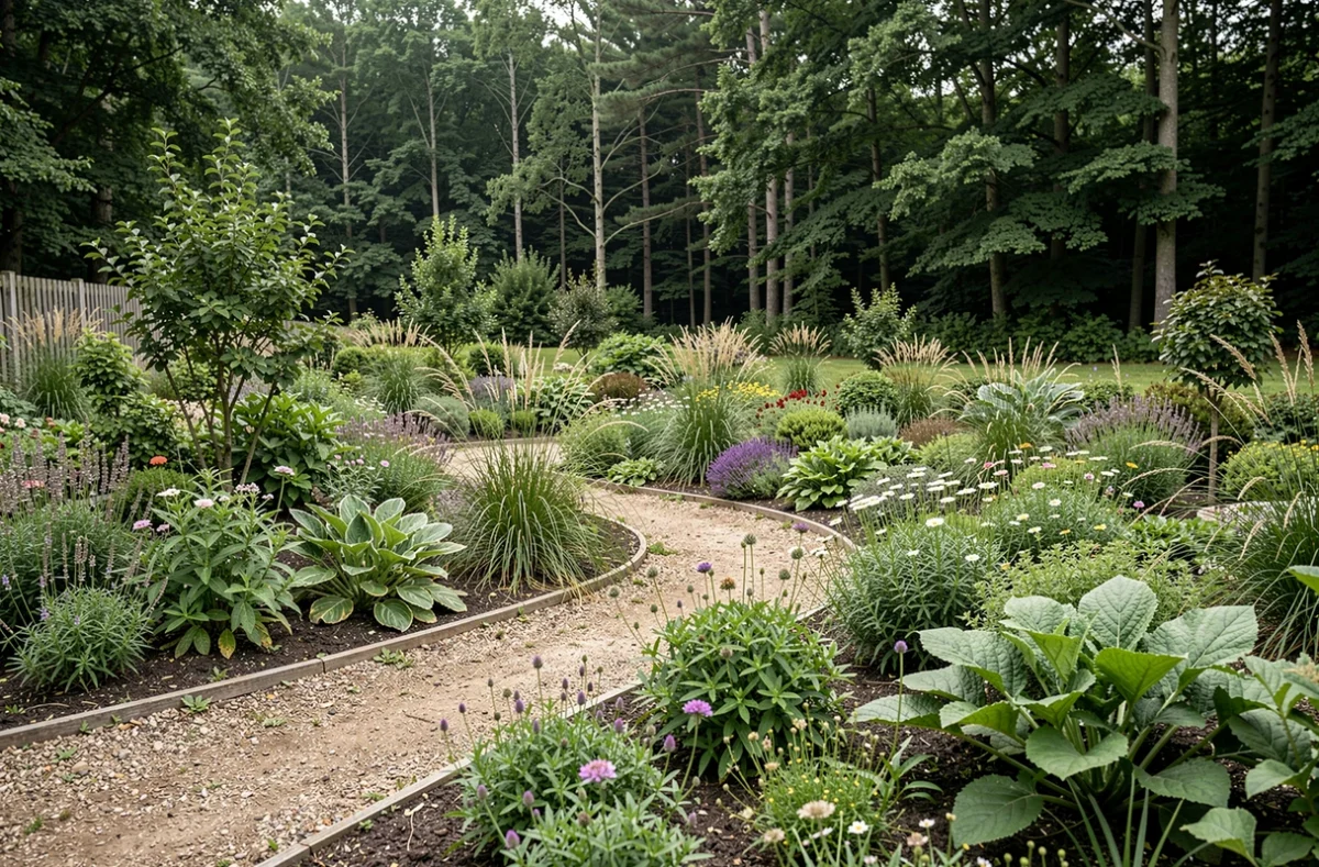 Jardin naturel aménagé par Symbiose Paysage Nord à Beuvry-la-Forêt avec plantations sauvages et lisière forestière