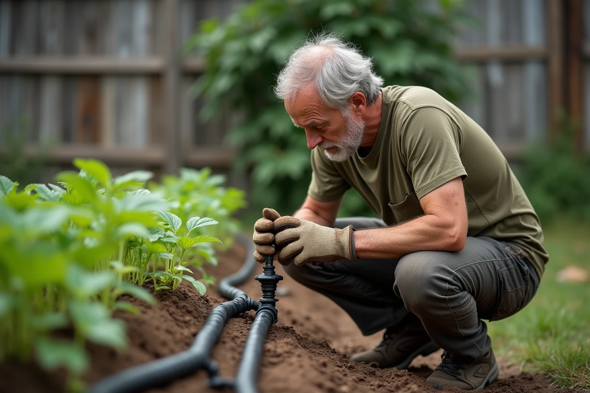 Jardinier réglant un système de goutte-à-goutte installé le long de rangs de pommes de terre en pleine croissance