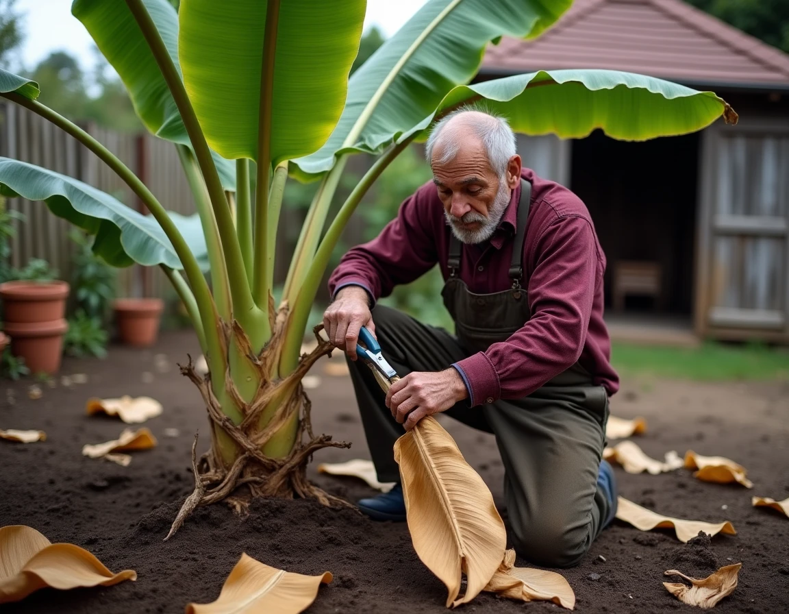 Jardinier coupant les feuilles sèches d'un bananier en pleine terre pour préparer l'hivernage