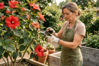 Femme taillant un hibiscus en fleur dans un jardin avec un sécateur, prête à réaliser des boutures
