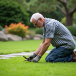Gazon japonais : conseils et astuces pour sa création idéale Homme moyenâgeux taillant la pelouse japonaise dans un jardin