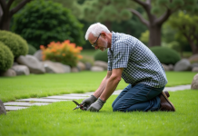 Gazon japonais : conseils et astuces pour sa création idéale Homme moyenâgeux taillant la pelouse japonaise dans un jardin