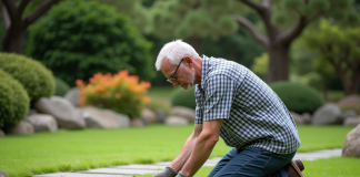 Gazon japonais : conseils et astuces pour sa création idéale Homme moyenâgeux taillant la pelouse japonaise dans un jardin