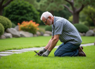 Gazon japonais : conseils et astuces pour sa création idéale Homme moyenâgeux taillant la pelouse japonaise dans un jardin