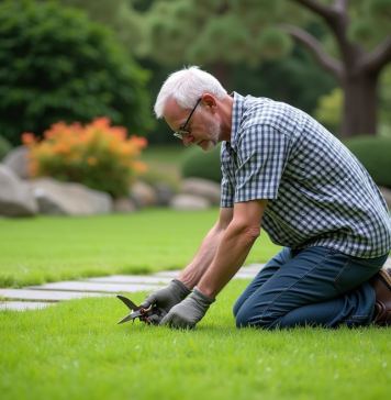 Gazon japonais : conseils et astuces pour sa création idéale Homme moyenâgeux taillant la pelouse japonaise dans un jardin