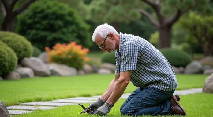 Gazon japonais : conseils et astuces pour sa création idéale Homme moyenâgeux taillant la pelouse japonaise dans un jardin