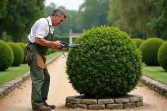 Jardinier professionnel taillant un laurier en boule dans un jardin à la française avec des cisailles manuelles