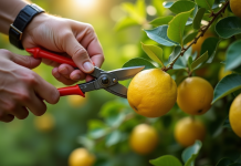 Prunage d'un jeune arbre citronnier au soleil