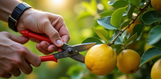 Prunage d'un jeune arbre citronnier au soleil