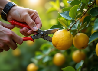 Prunage d'un jeune arbre citronnier au soleil