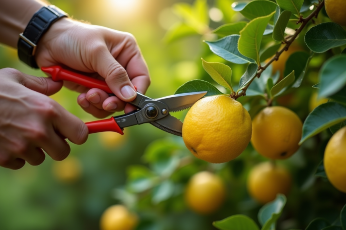 Prunage d'un jeune arbre citronnier au soleil