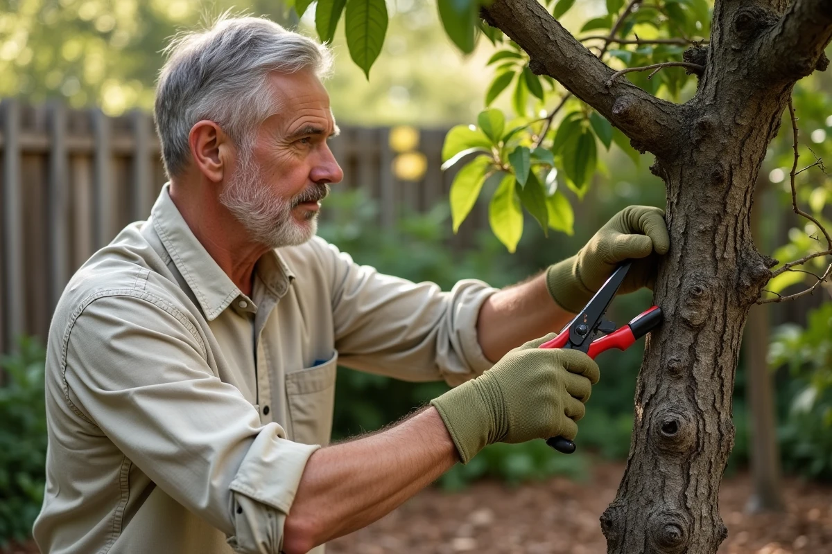 Jardinier taillant un prunier mature avec un sécateur au printemps dans un jardin