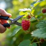 Mains de jardinier taillant un buisson de framboises saines