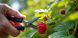 Mains de jardinier taillant un buisson de framboises saines