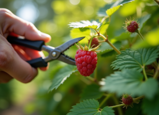 Mains de jardinier taillant un buisson de framboises saines