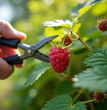 Mains de jardinier taillant un buisson de framboises saines