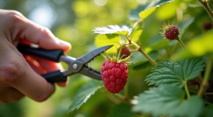 Mains de jardinier taillant un buisson de framboises saines