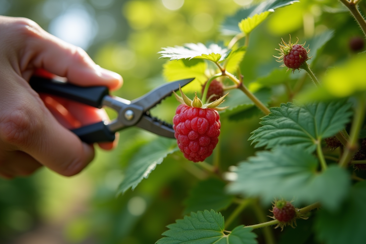 Mains de jardinier taillant un buisson de framboises saines