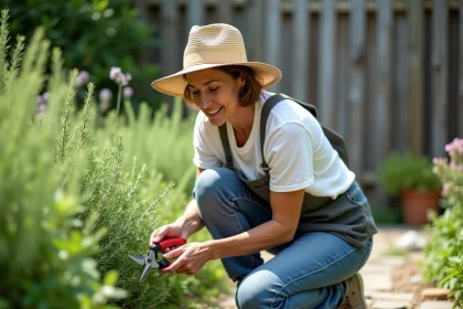 Femme en jardinage taille un buisson de romarin