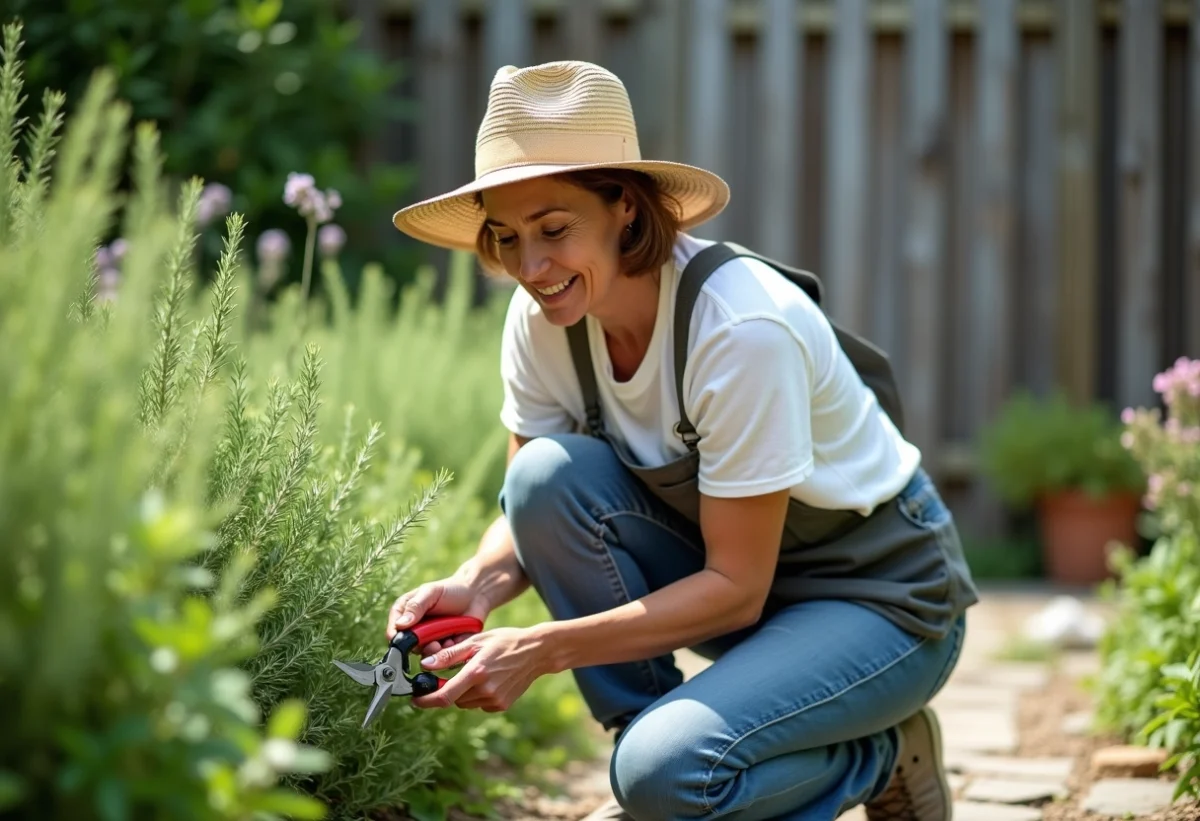 Femme en jardinage taille un buisson de romarin