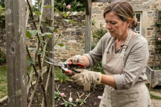 Jardinière taillant un rosier grimpant après plantation avec un sécateur propre contre un treillis en bois