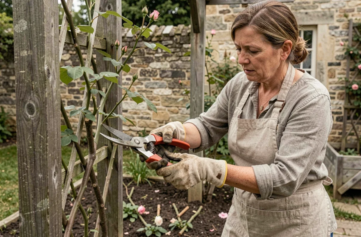 Jardinière taillant un rosier grimpant après plantation avec un sécateur propre contre un treillis en bois