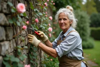 Femme taillant un rosier grimpant envahissant contre un mur en pierre pour laisser passer la lumière dans le jardin
