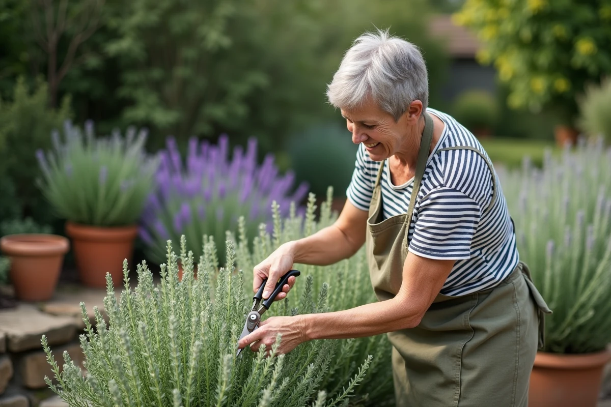 Femme jardinière taillant une sauge arbustive avec un sécateur dans un jardin de plantes aromatiques