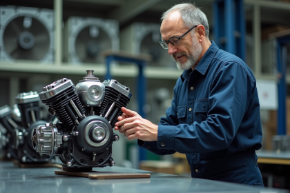 Technicien en atelier inspectant un petit moteur industriel