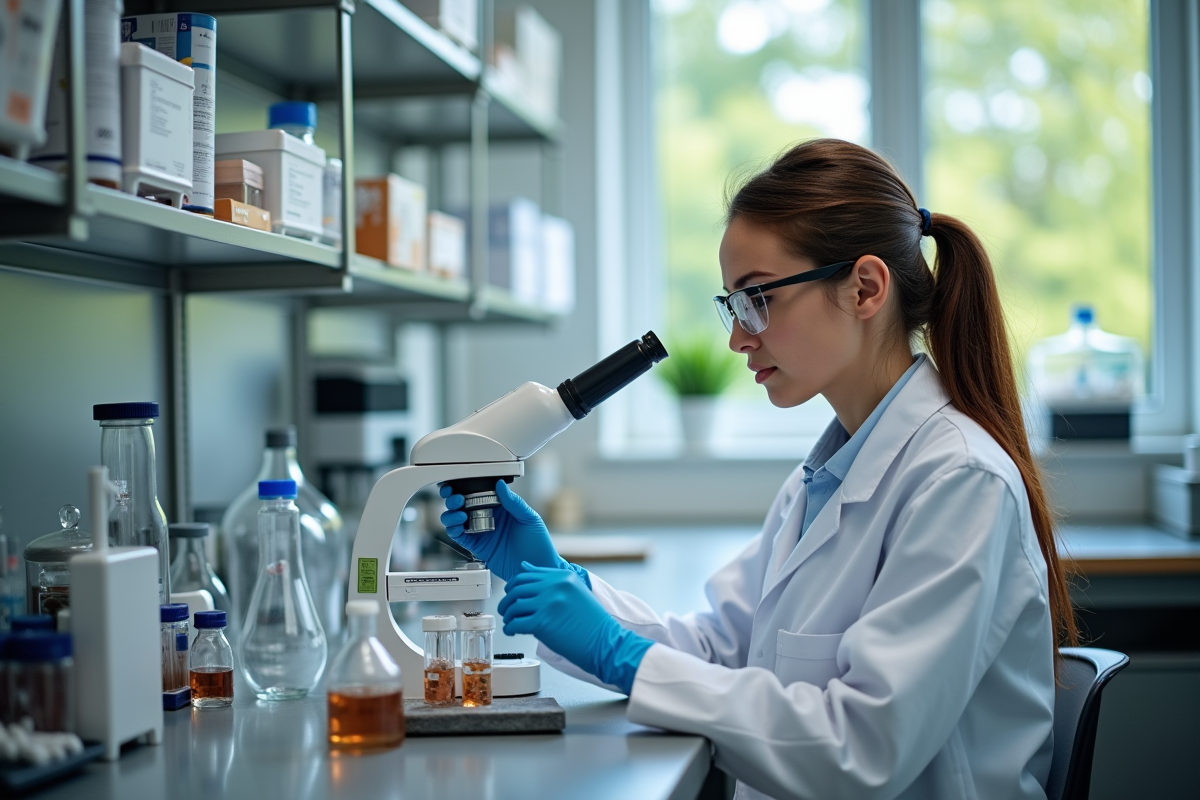 Technicienne en laboratoire analysant des échantillons de sol