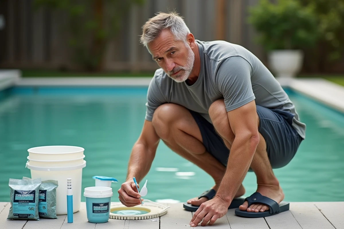 Homme adulte inspectant une bandelette de test de qualité d'eau verte de piscine avec des produits de choc chlore posés sur la plage