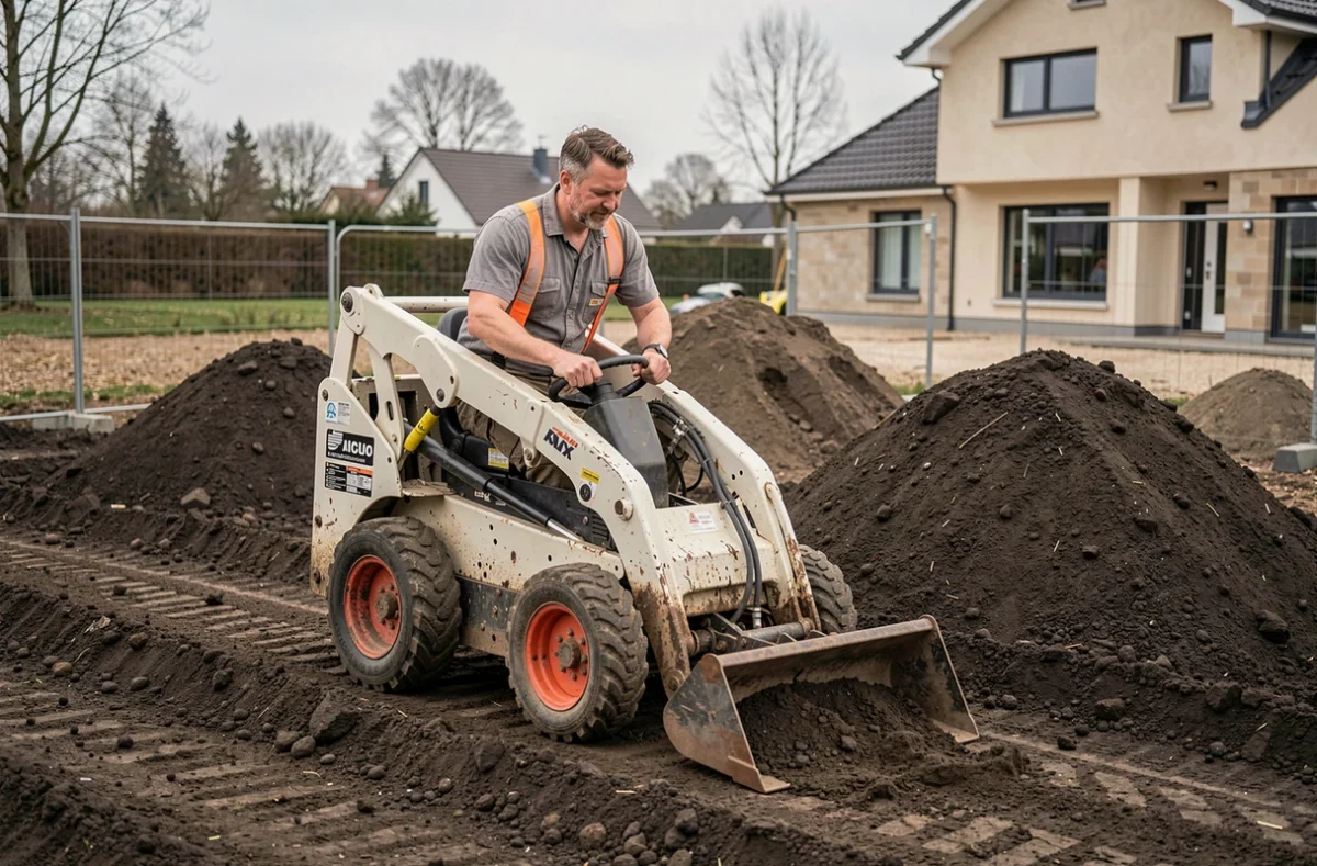 Professionnel TME Dardard nivelant un terrain avec une mini-chargeuse sur un chantier de la Marne