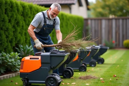 Homme d'âge moyen utilisant une déchiqueteuse électrique dans le jardin