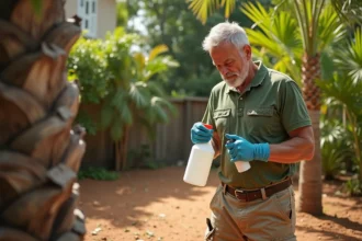 Jardinier lisant attentivement l'étiquette d'un pesticide chimique avant traitement d'un palmier méditerranéen