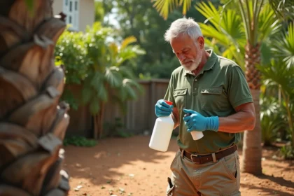 Jardinier lisant attentivement l'étiquette d'un pesticide chimique avant traitement d'un palmier méditerranéen