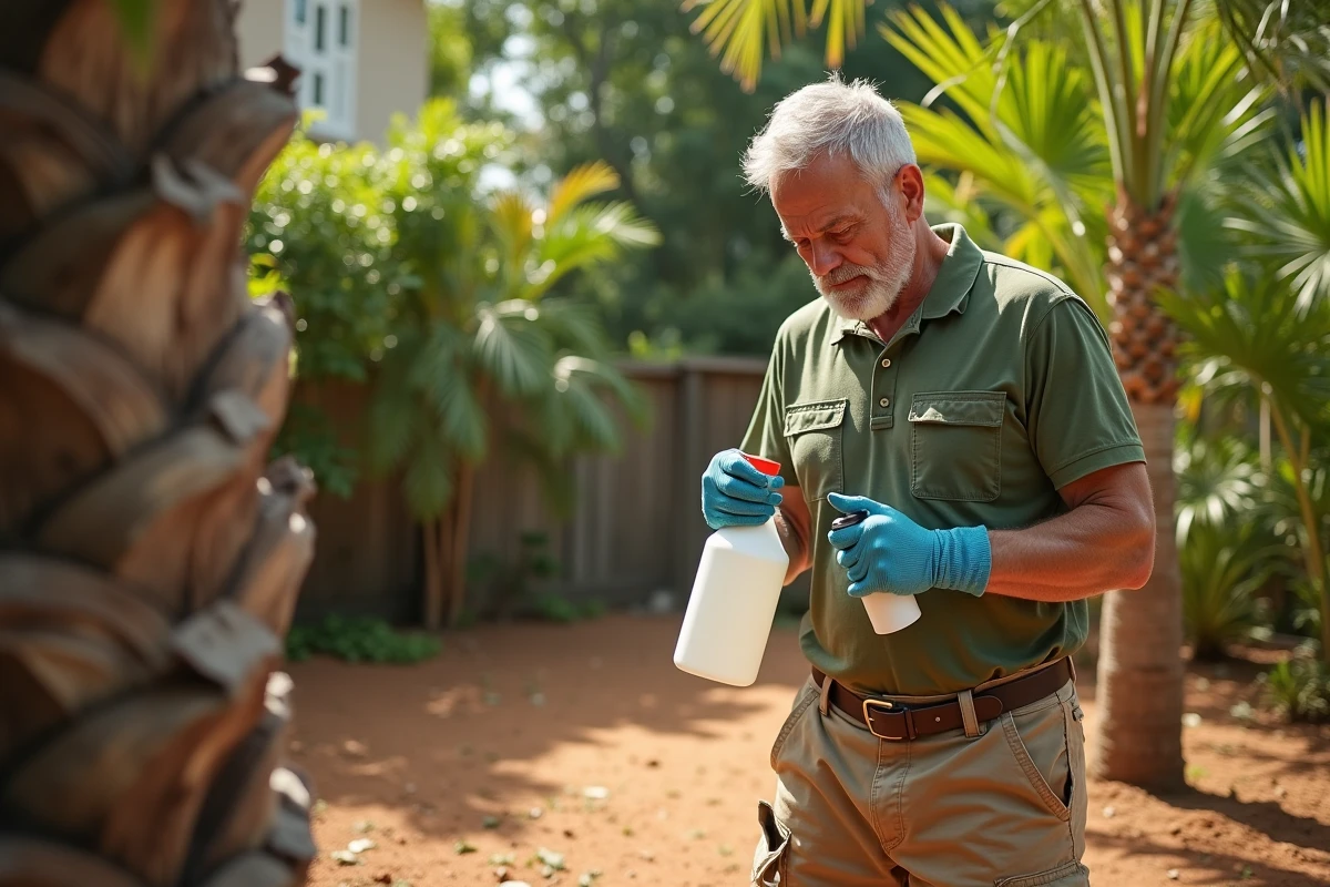 Jardinier lisant attentivement l'étiquette d'un pesticide chimique avant traitement d'un palmier méditerranéen