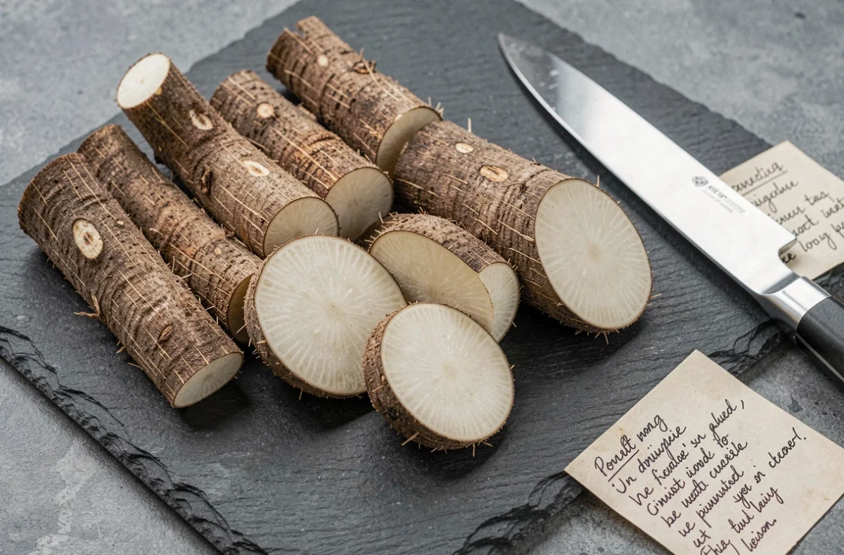 Gros plan de tranches de racine de yucca sur une planche en ardoise montrant la chair blanche et l'écorce brune fibreuse