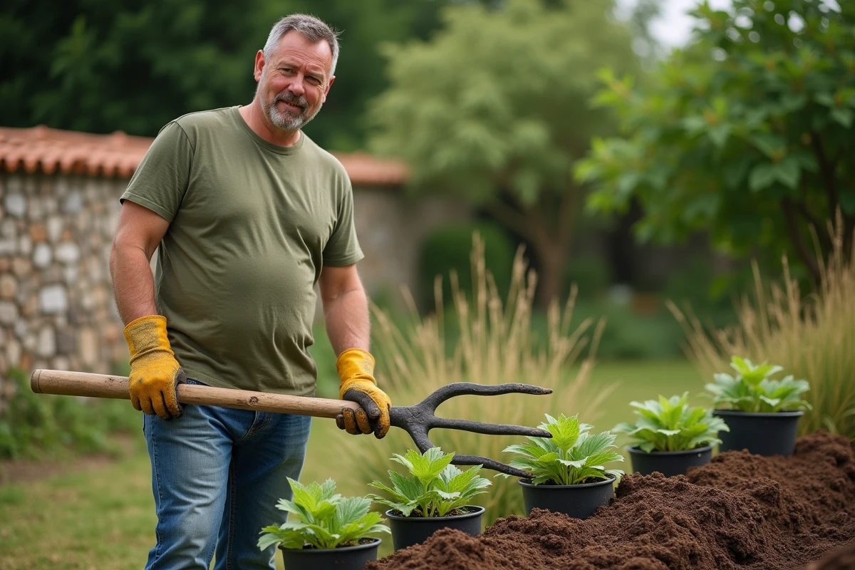 Homme préparant un lit de compost pour transplanter des plants de melon dans un jardin en permaculture avec mur en pierre
