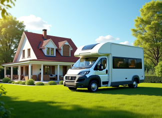 Camping-car dans le jardin : les règles à connaître pour stationner en toute légalité Van moderne garé dans un jardin ensoleillé avec maison