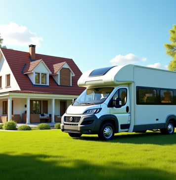 Van moderne garé dans un jardin ensoleillé avec maison
