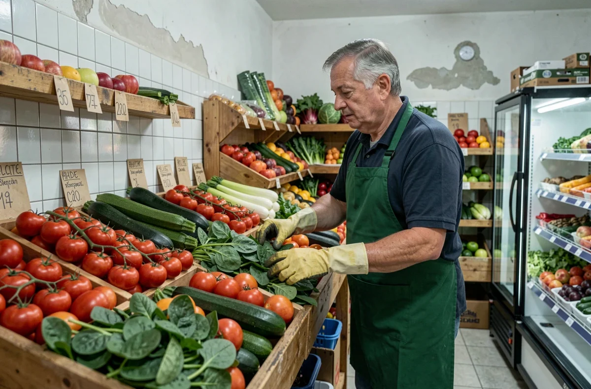 Vendeur de fruits et légumes arrangeant des produits frais dans une épicerie de quartier