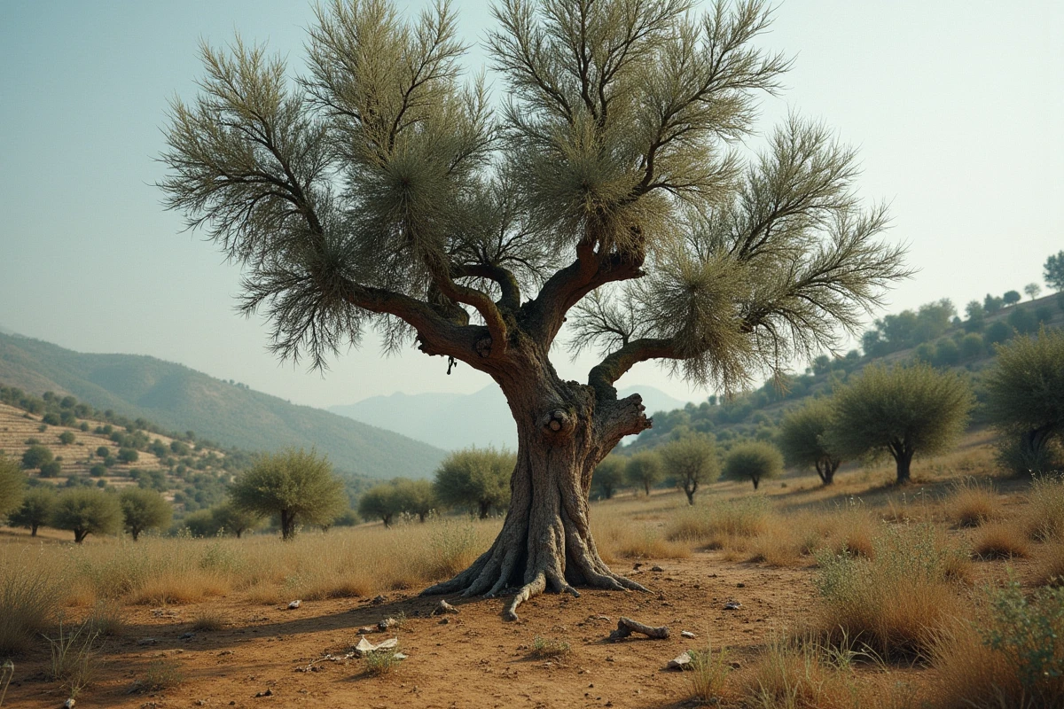 Vieux figuier solitaire dans un verger abandonné ne portant aucun fruit en pleine saison, arbre malade dans un paysage rural provençal