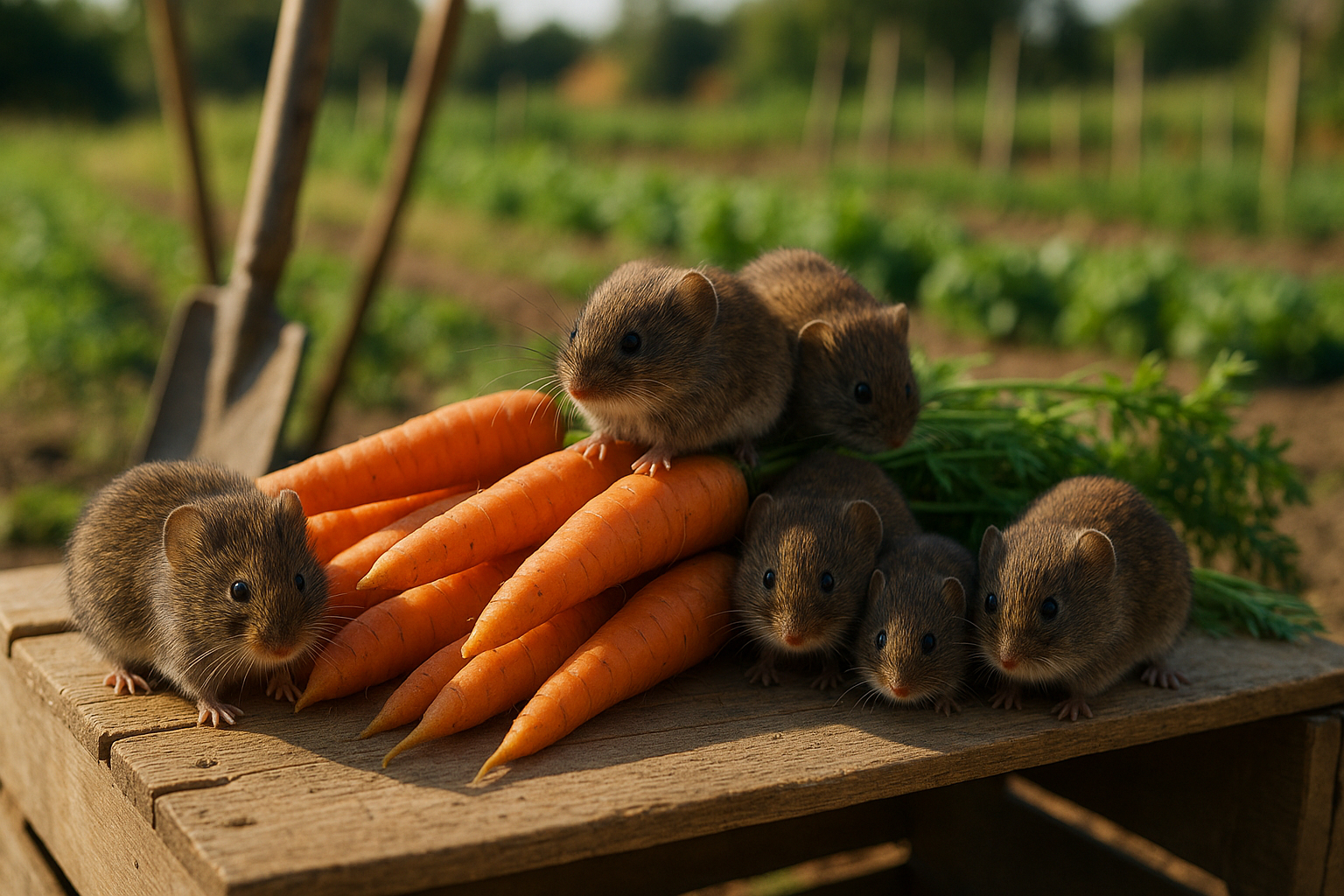Plusieurs voles près de carottes récoltées dans une ferme