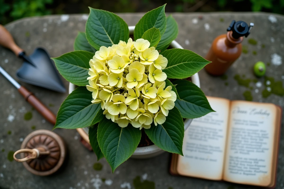 Vue de dessus d'un hortensia aux feuilles jaunissantes sur une table en pierre avec outils de jardinage